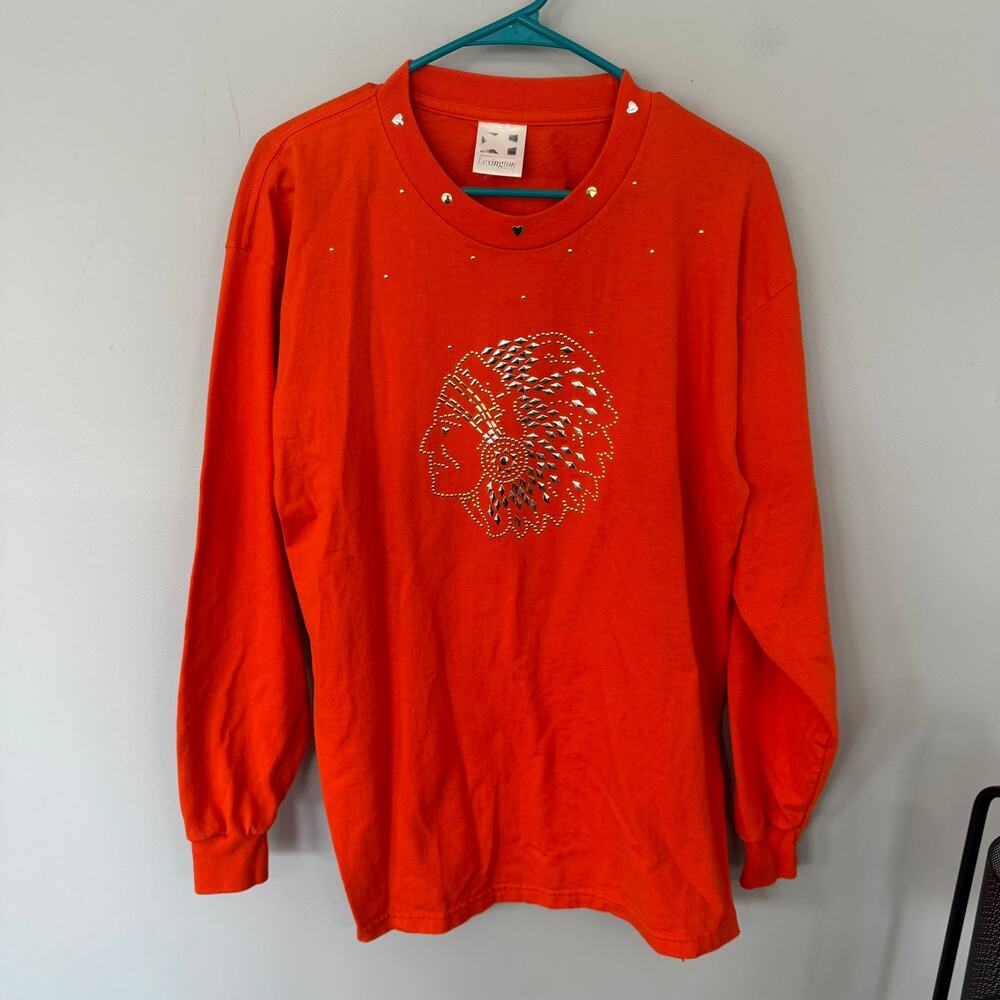 Vintage Lexington Orange Bejeweled Native American Long Sleeve Top Women Size XL